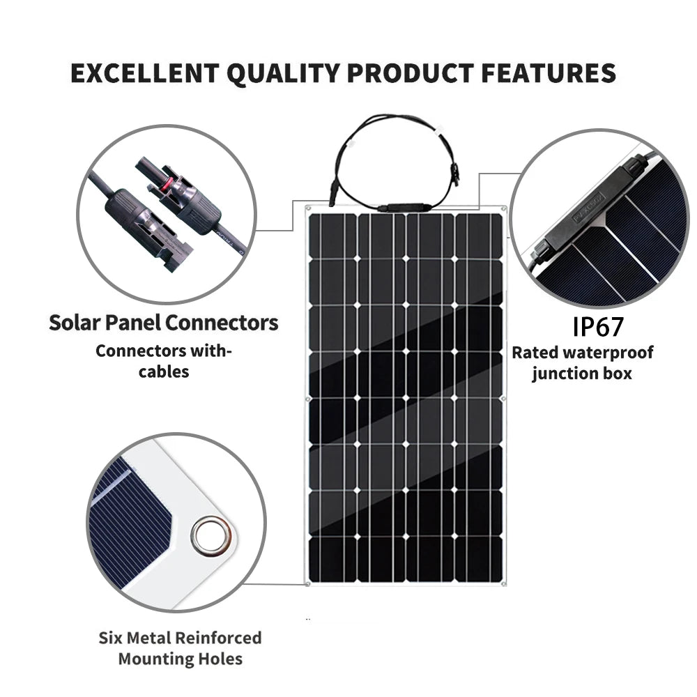 2024 12V Flexible Solar Panel Kit - 100W/200W Waterproof